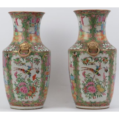 46 - A pair of Chinese Famille Rose Medallion polychrome enamelled porcelain twin handled vases, mid-19th... 