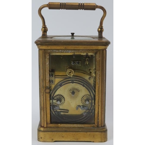 58 - A gilt brass carriage clock, late 19th/early 20th century. Housed within a black leather box. Windin... 