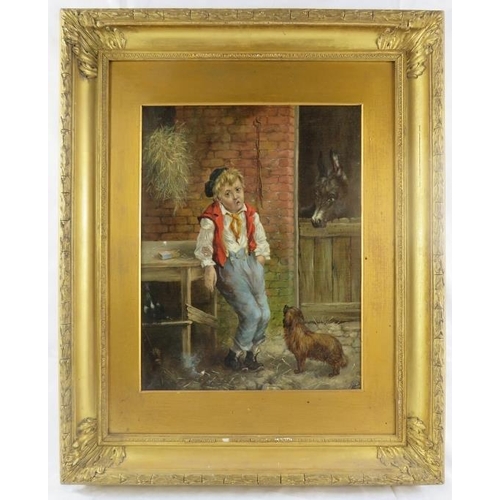 588 - British School (19th Century) - 'Farmyard scene with a boy, dog, donkey and a chicken', oil on canva... 