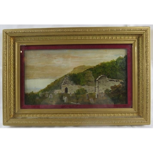 590 - British School (late 19th/early 20th century) - 'Coastal graveyard and landscape', oil, 16cm x 30cm,... 