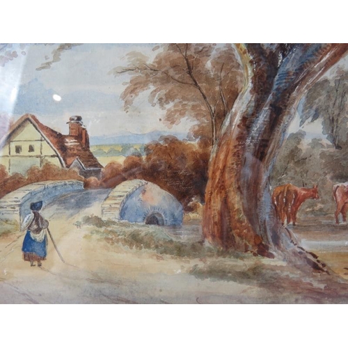 592 - British School (19th century) - 'Rustic landscape featuring a cottage, stone bridge, solitary figure... 