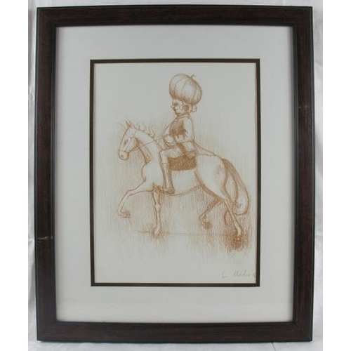 595 - C. Hardie (2006) - 'Gentrified figures on horseback', a pair, red pastel on paper, signed and dated ... 