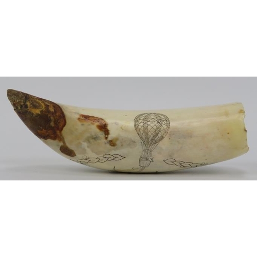 85 - A Victorian scrimshaw whale tooth, circa/post 1850’s. Detailed engraved decoration depicting ‘Horste... 