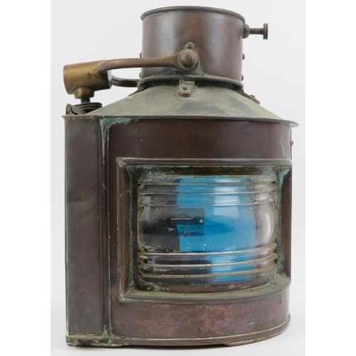 93 - Maritime: A vintage copper William Harvie of Glasgow ship’s starboard blue glass lantern. 28.3 cm he... 