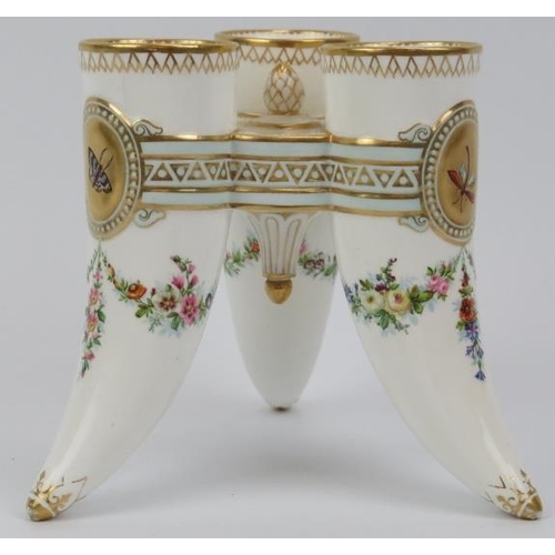 98 - A rare Victorian Minton porcelain triple horn vase. Decorated with gilt cameos and floral swags. Imp... 