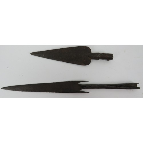 290 - Tribal Art: Two African bronze spear heads. (2 items) 37 cm length, 23 cm length. 
Condition: Some a... 