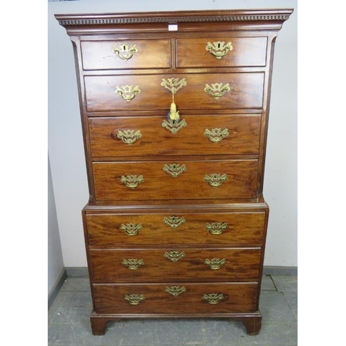 704 - An 18th century mahogany chest on chest of good colour, having dentil cornice above eight graduated ... 