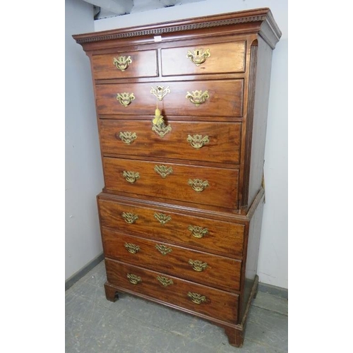 704 - An 18th century mahogany chest on chest of good colour, having dentil cornice above eight graduated ... 