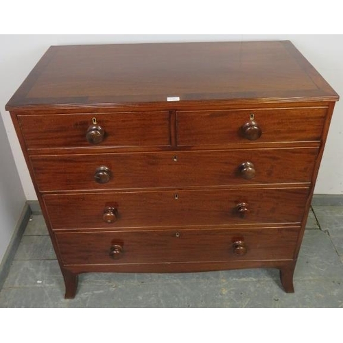 708 - A George III mahogany straight front chest, the crossbanded top with reeded edge, above two short an... 