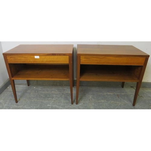 711 - A pair of mid-century tropical hardwood and teak side tables by Alfred Cox, each housing one long bl... 