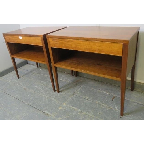 711 - A pair of mid-century tropical hardwood and teak side tables by Alfred Cox, each housing one long bl... 