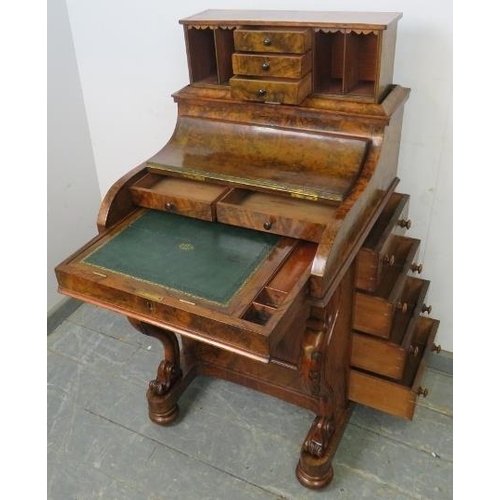 716 - A Victorian burr walnut piano top Davenport, the rising top gallery with three short drawers flanked... 