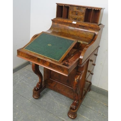 716 - A Victorian burr walnut piano top Davenport, the rising top gallery with three short drawers flanked... 