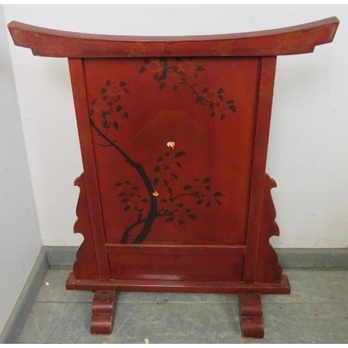 718 - An antique Japanese Shibayama red lacquer fire screen, having applied bone, mother of pearl, abalone... 