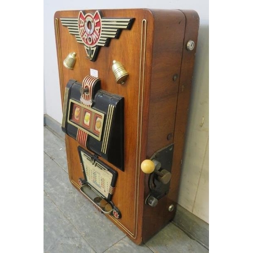 737 - A vintage German ‘Beromat’ one-armed bandit penny slot machine, within a walnut case. Includes coins... 