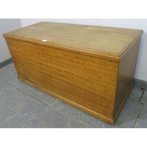 745 - An antique satin birch flat topped trunk/blanket box, having an oak lined interior with ebony strung... 