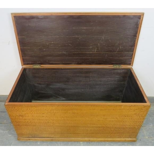 745 - An antique satin birch flat topped trunk/blanket box, having an oak lined interior with ebony strung... 