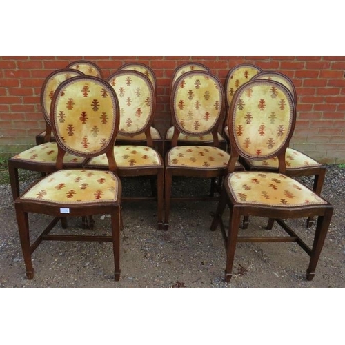 748 - A set of 10 19th century mahogany dining chairs, upholstered in gold patterned material with braid t... 