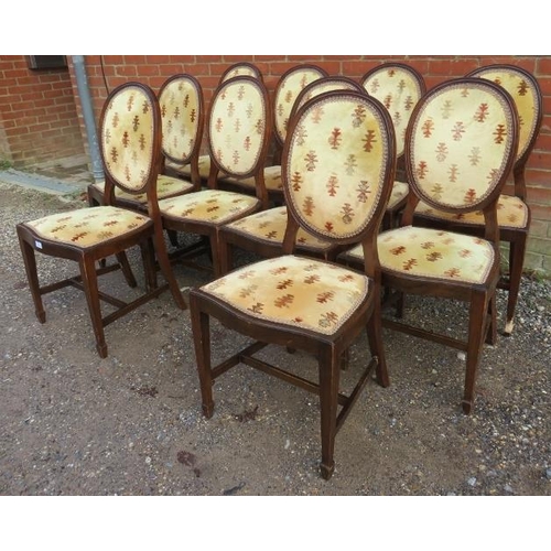 748 - A set of 10 19th century mahogany dining chairs, upholstered in gold patterned material with braid t... 