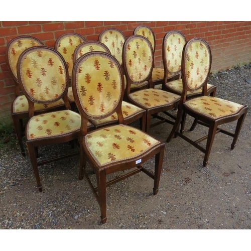 748 - A set of 10 19th century mahogany dining chairs, upholstered in gold patterned material with braid t... 