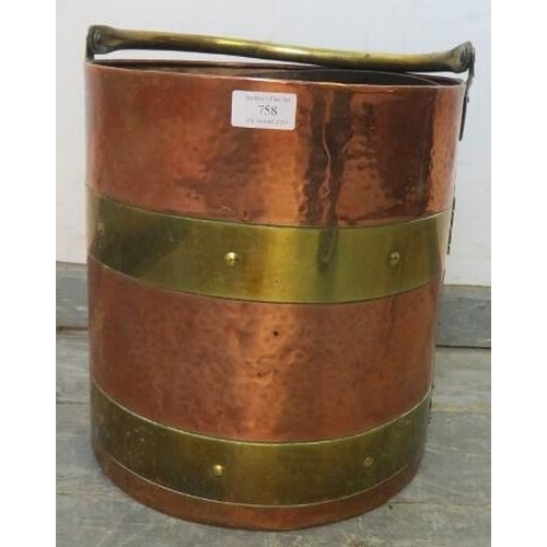 758 - An Arts & Crafts Period planished copper coal/log   bucket, with brass coopered and riveted banding ... 