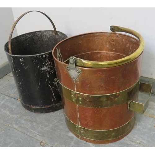 758 - An Arts & Crafts Period planished copper coal/log   bucket, with brass coopered and riveted banding ... 