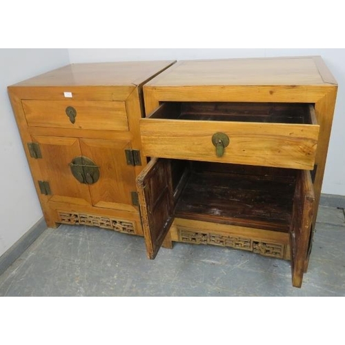 764 - A pair of vintage light elm Chinese side cabinets, each with one long drawer above double doors with... 