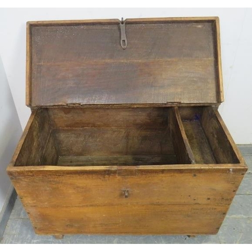 797 - A 19th century Continental fruitwood flat topped trunk/blanket box, having cast iron hasp and staple... 