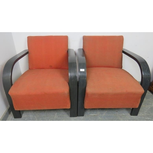 804 - A pair of Art Deco Period open-sided club armchairs, the curved armrests flowing into stile supports... 