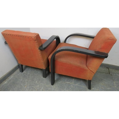 804 - A pair of Art Deco Period open-sided club armchairs, the curved armrests flowing into stile supports... 