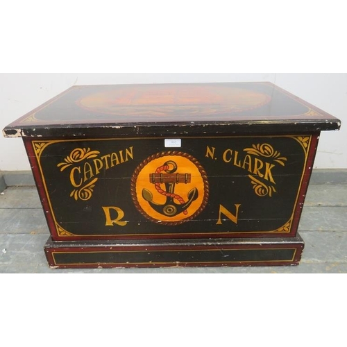 812 - A vintage flat-topped trunk/blanket box, having rope handles to either side, hand-painted with nauti... 