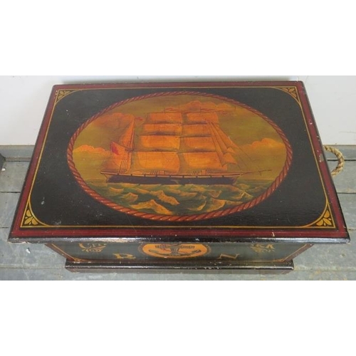 812 - A vintage flat-topped trunk/blanket box, having rope handles to either side, hand-painted with nauti... 