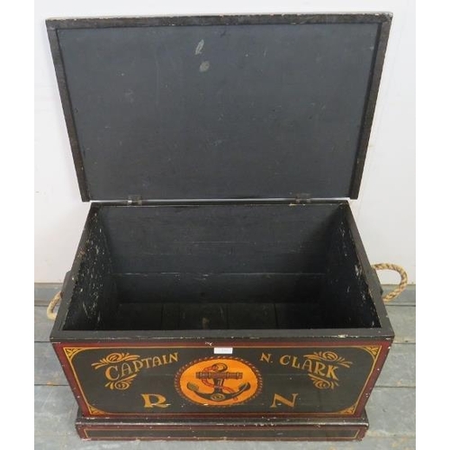 812 - A vintage flat-topped trunk/blanket box, having rope handles to either side, hand-painted with nauti... 