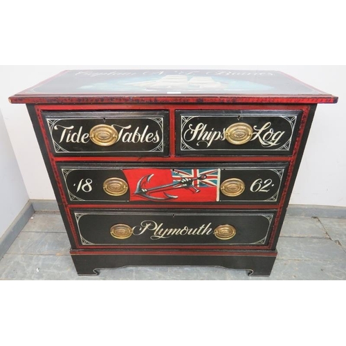 813 - An antique chest of two short over two graduated drawers with pressed brass handles, hand-painted wi... 