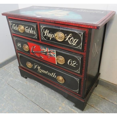 813 - An antique chest of two short over two graduated drawers with pressed brass handles, hand-painted wi... 