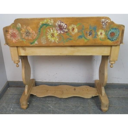 817 - An antique stripped pine washstand, having a shelved ¾ gallery with hand-painted floral decoration t... 