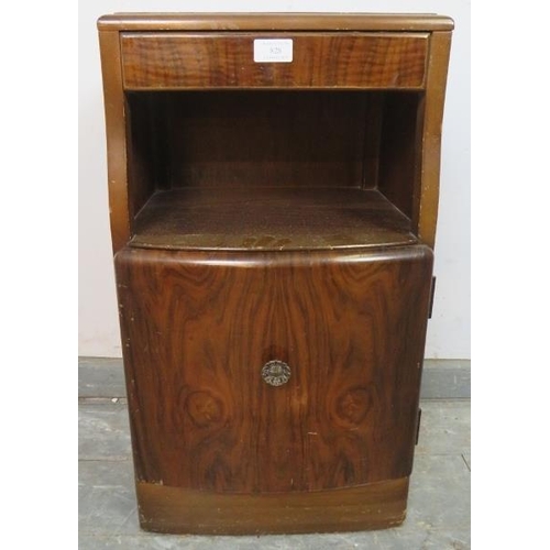 828 - An Art Deco Period bedside cabinet by Lebus, the blind frieze drawer above an open shelf, with cabin... 