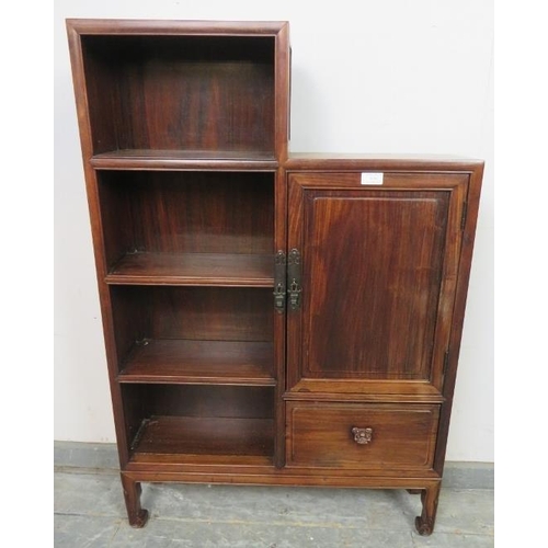 830 - A vintage Chinese hardwood narrow side cabinet, having four open shelves opposite cupboard with loos... 