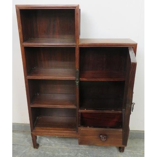 830 - A vintage Chinese hardwood narrow side cabinet, having four open shelves opposite cupboard with loos... 