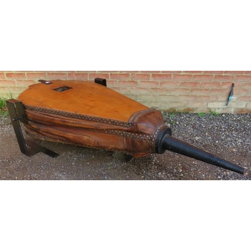 831 - A set of large 19th century light elm and cast-iron bellows, probably from a forge, the leatherwork ... 