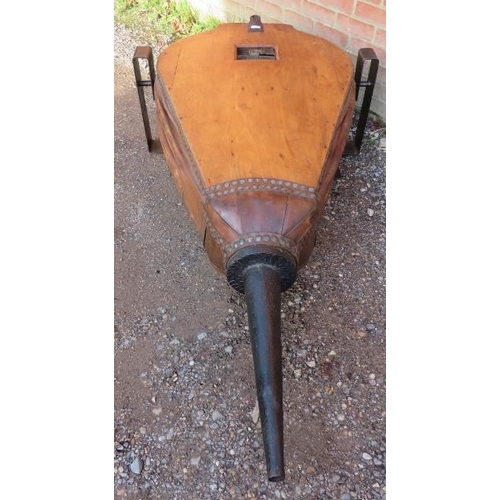 831 - A set of large 19th century light elm and cast-iron bellows, probably from a forge, the leatherwork ... 