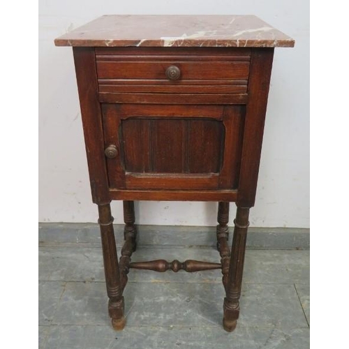 836 - A vintage French fruitwood bedside cabinet with rouge marble top above single drawer and panelled cu... 