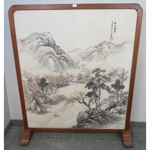 839 - A large vintage Japanese screen/room divider, the hand-painted depiction of a traditional mountain s... 