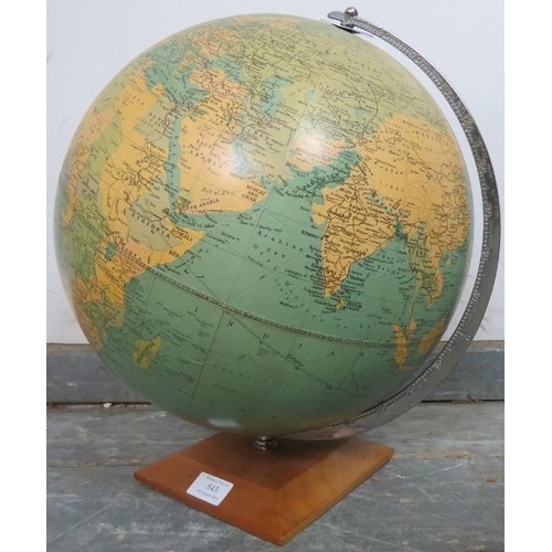 843 - A vintage mid-century Phillips Challenge 13.5” globe, on a metal stand with chamfered light oak plin... 