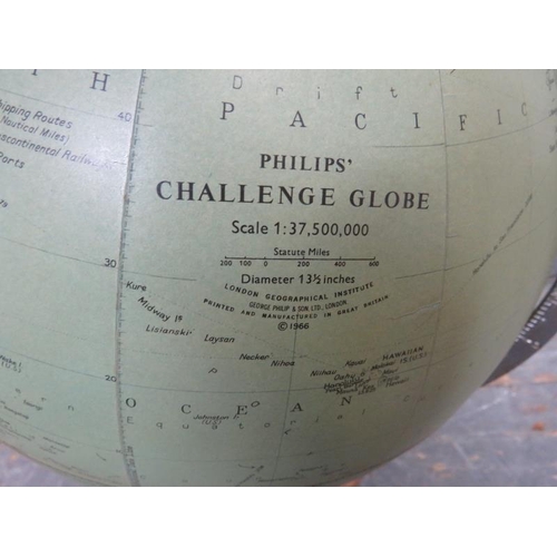 843 - A vintage mid-century Phillips Challenge 13.5” globe, on a metal stand with chamfered light oak plin... 