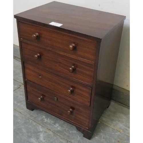 851 - A well-made 19th century mahogany chest of diminutive proportions, housing four oak-lined long drawe... 