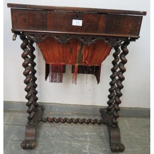 862 - A Victorian rosewood worktable, the top opening to reveal a fitted interior housing an array of lidd... 