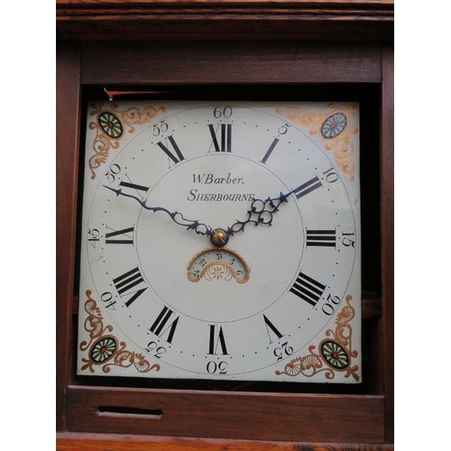 865 - A Georgian medium oak cased 30-hour striking longcase clock, by W. Barber of Sherbourne, the hood wi... 