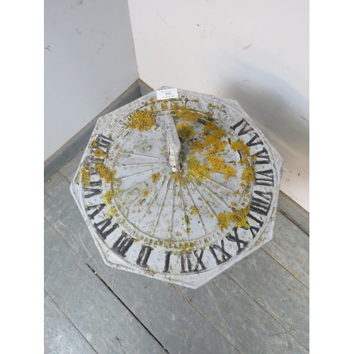 891 - A vintage cast iron sundial, the top painted grey with contrasting Roman numerals, on a pierced trip... 