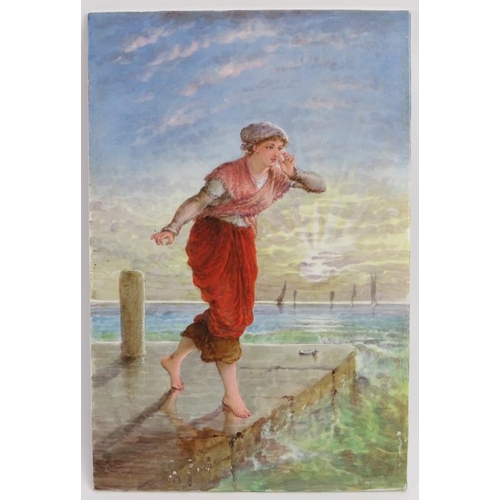 103 - A French hand painted porcelain plaque depicting a female on a harbour quay, mid/late 19th century. ... 